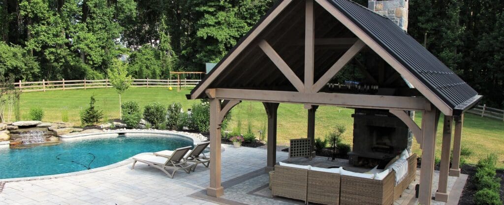 Pavilion and pool by Burkholder Landscape in Malvern Pennsylvania